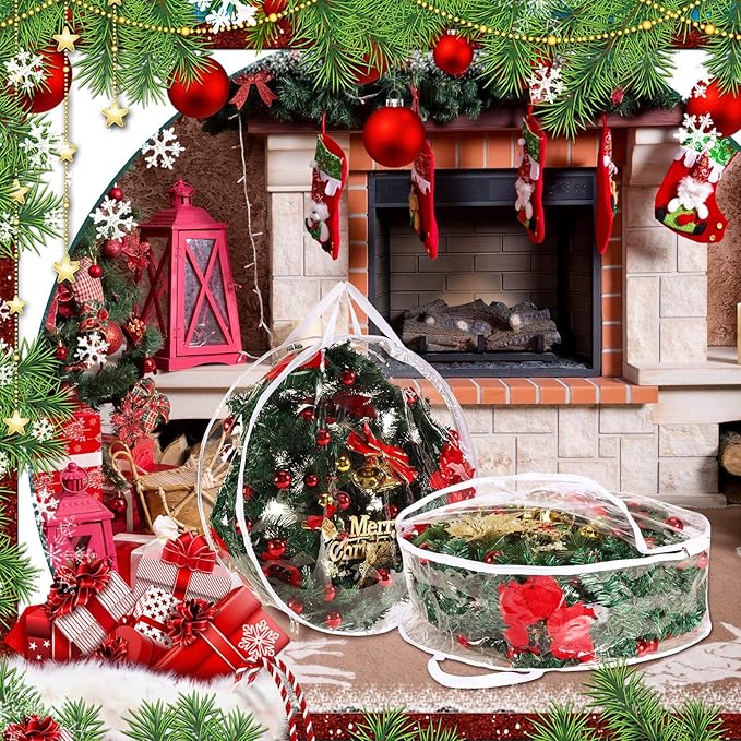 Shappy 1 Pcs 36 Inch Back to School Wreath Storage Container Clear Wreath Storage Bags PVC Waterproof Garland Bags with Clear Window Dual Zippers and Handles for Holiday Artificial Garland (White)