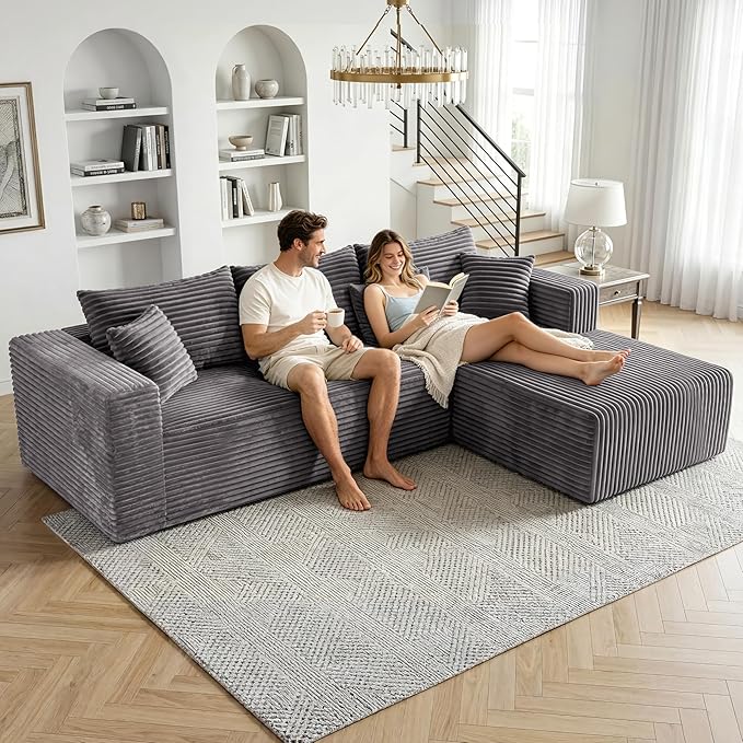 Boneless Couches for Living Room, Couch with Deep Seat Oversized Right Facing Chaise, Memory Foam Compressed Spineless 3 Seater Sofa for Apartment (Drak Gray, 92.5" L-Shape with Right Facing Chiase) | Boneless Compressed, Sofa in a Box, Cloud Couch, De...