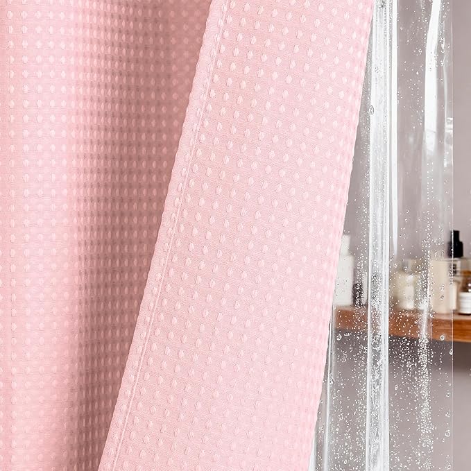 Dynamene Long Shower Curtain and Liner Set - 78 inch Tall Waffle Fabric, Waterproof Clear Liner, Heavy Duty Weighted Hotel Luxury Cloth Shower Curtains for Bathroom with 12 Hooks, 72x78, Pink