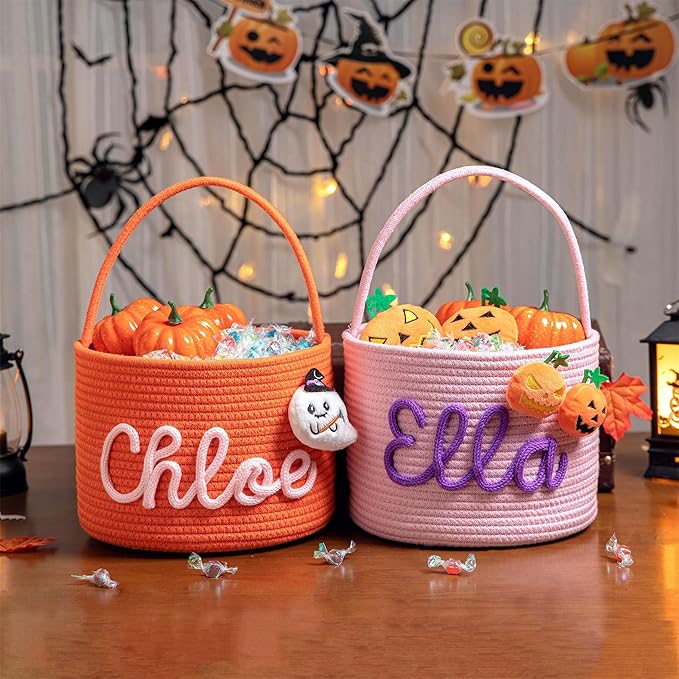 FKOG Halloween Candy Basket, Custom Cotton Rope Storage Bin with Handle, Personalized Trick or Treat Container, Decorative Pumpkin Design (Orange)