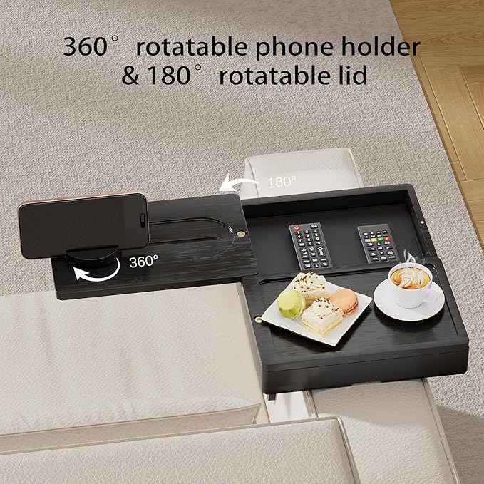 Bamboo Couch Arm Tray, 2 Rotating Trays with 360° Phone Holder & Storage Box, Black Adjustable Clip On Sofa Table for Snacks, Drinks, Fits Wide Armrests (Up to 10")