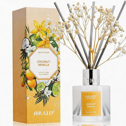 Airkeep Reed Diffuser Set,3.38 fl oz (100 ml) - Coconut Vanilla Oil Diffusers with 8 Reed Sticks, Home Fragrance Reed Diffuser for Bathroom Shelf Decor