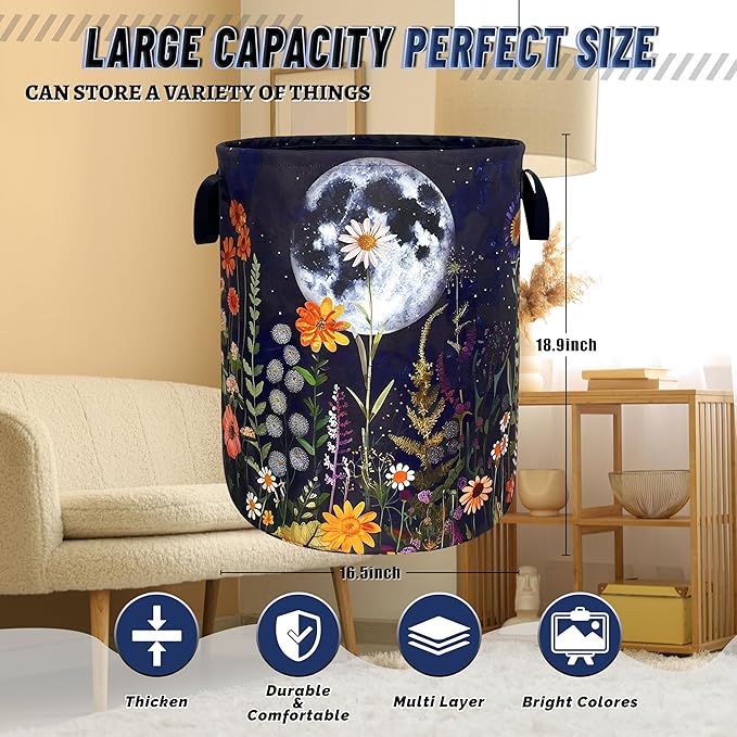 Moon Colorful Flowers Laundry Basket Oxford Cloth Beautiful Floral Laundry Hamper With Handle Foldable Portable Clothes Storage Basket Moon Laundry Bag 18.9"x16.5" For Laundry Room/Bedroom/Bathrooms