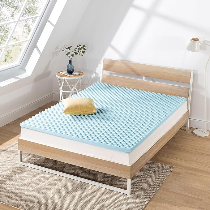 Best Price Mattress 2 Inch Egg Crate Memory Foam, Cooling Gel Infusion, Full Mattress Topper, Dorm Essentials, Blue