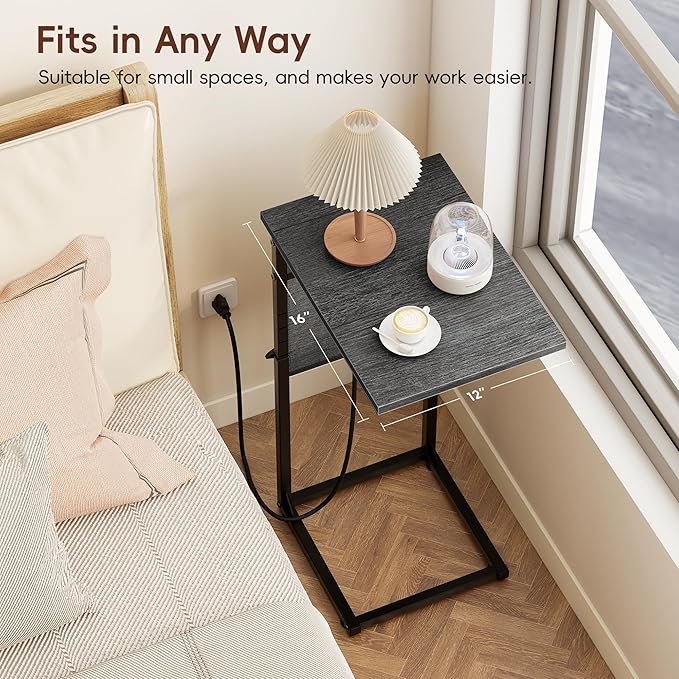 Vagusicc C Shaped End Table with Charging Station, C Table End Table Adjustable Height, Small Side Table for Couch, Sofa Table Slide Under Couch TV Tray Arm Table for Living Room, Bedroom, Gray Walnut