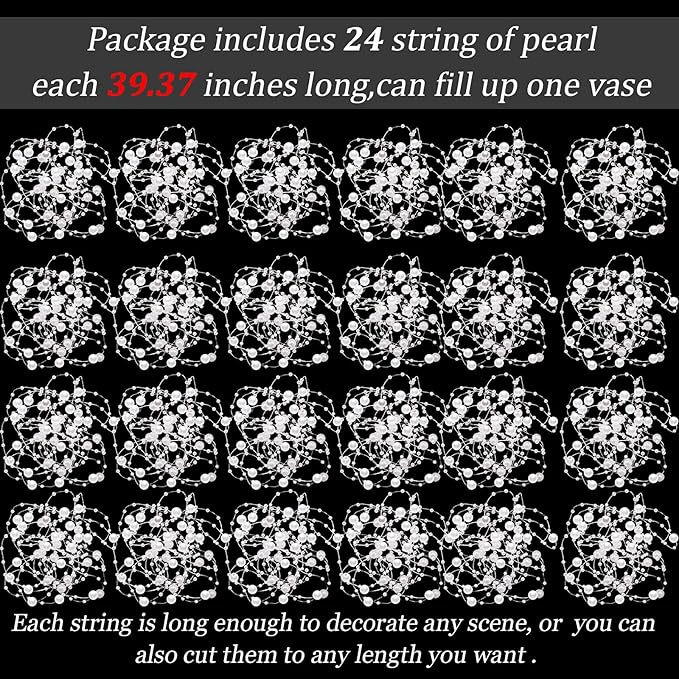 Tondiamo 24 Pcs Artificial Pearl String for Floating Candle Faux Pearls Beads String Garland Centerpiece Decoration for Vases Filler Wedding Spring Holiday Party Decor(White)