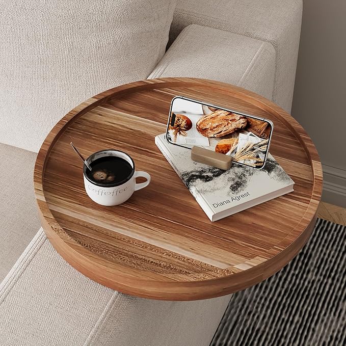 Acacia Wood Couch Arm Tray Table,Anti-Slip Adjustable Round Sofa Arm Tray,Wooden Armrest Caddy Table for Couches,Arm Chair Companion for Drinks Cellphone TV Remote Snacks