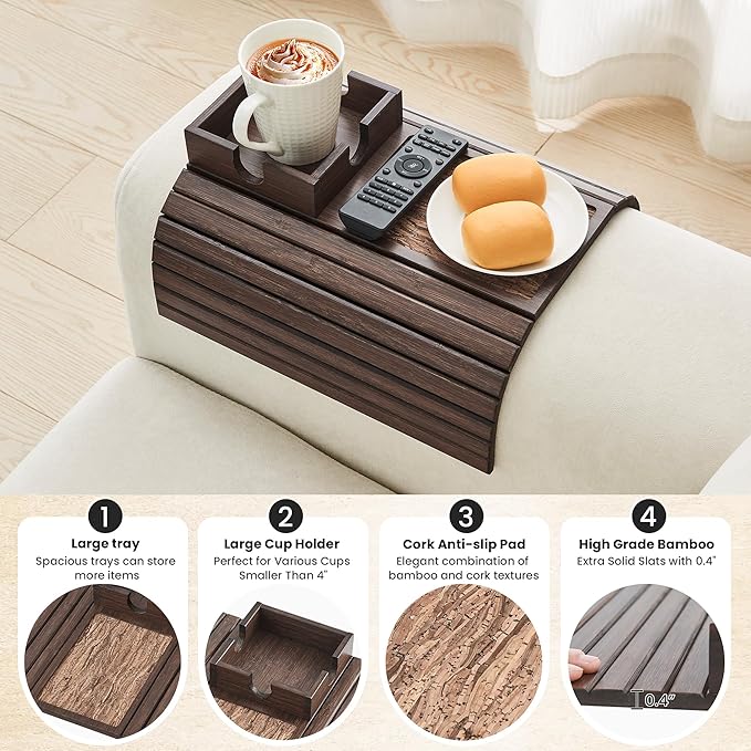 LOVYANXUE Bamboo Sofa Arm Tray Table, Foldable Couch Cup Holder, Anti-Slip Wide Couch Arm Tray Aremrest Table for Drink, Cup, Remote, Snacks, Cellphone, Portable, Brown
