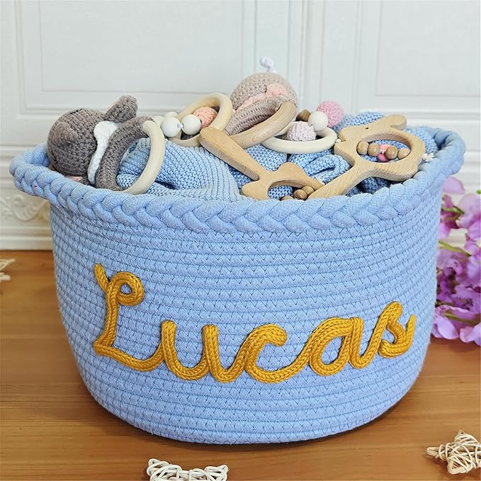 FKOG Handmade Personalized Baby Show Gift Basket, Custom Cotton Rope Storage Basket, Baby Nursery Organizer with Custom Name, Newborn Baby Baptism Gift (White Baby Girl Basket)