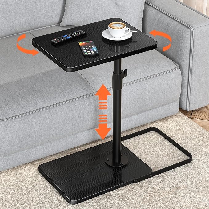 TV Tray Table for Couch - Adjustable Height & 360°Swivel Panel Design，Larger Metal and Wooden Base to Prevent Slipping，Sofa Armrest Tray Table for Eating Laptop Couch Bed Dinner or Small Space