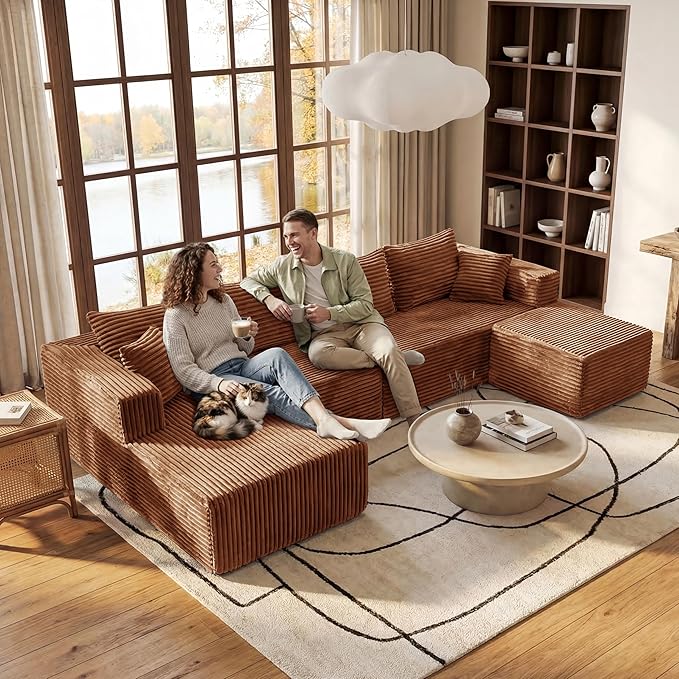 118" Sectional Sofa, Boneless Compressed Sofa in a Box, U-Shaped Cloud Couch with Deep Seats & Chaise for Living Room, No Assembly Required (Orange, 118" U-Shape with Left Facing Chiase) | Boneless Compressed, Sofa in a Box, Cloud Couch, Deep Seats, No...
