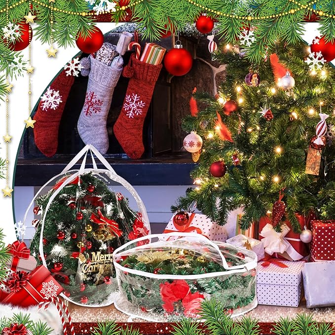 Shappy 4 Pcs 36 Inch Back to School Wreath Storage Container Clear Wreath Storage Bags PVC Waterproof Garland Bags with Clear Window Dual Zippers and Handles for Holiday Artificial Garland (White)