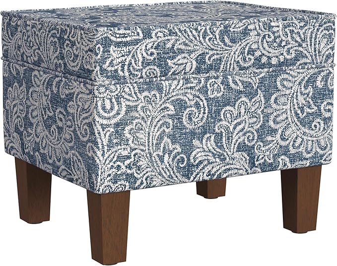 Homepop Home Decor |K7646-A879| Upholstered Modern Rectangular Storage Ottoman | Hinged Lid Ottoman with Storage for Living Room & Bedroom, Blue Denim Jacobean Print