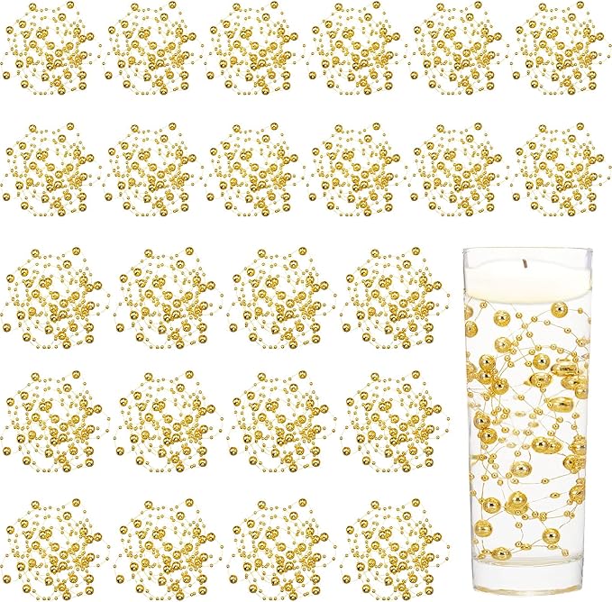Tondiamo 24 Pcs Artificial Pearl String for Floating Candle Faux Pearls Beads String Garland Centerpiece Decoration for Vases Filler Wedding Spring Holiday Party Decor(Gold)