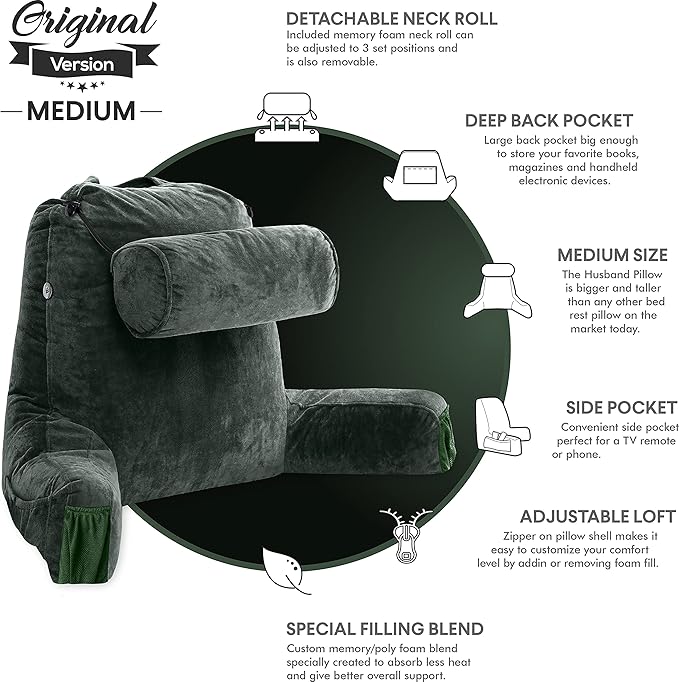 Husband Pillow Medium Reading Pillow with Arms - 23" Backrest for Sitting Up in Bed - Firm Support Bed Rest Pillow for Adults, Neck Roll, Removable Cover - TV, Reading, Lounging - Dark Green