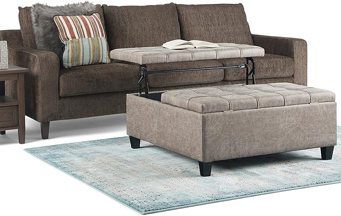 SIMPLIHOME Harrison Coffee Table Storage Ottoman - 36 inch Wide Upholstered Vegan Leather Square Lift-Top Ottoman in Distressed Grey Taupe, Transitional Ottoman for Living Room with Storage