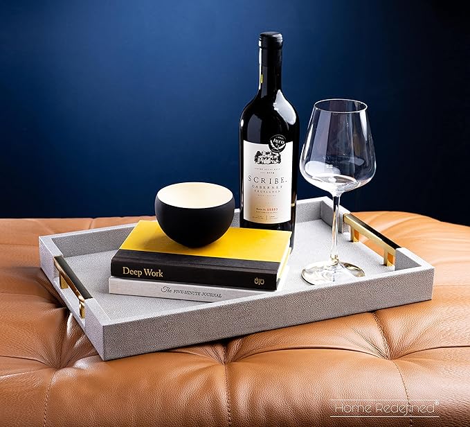 Home Redefined Modern Elegant 17.5"x12" Rectangle Glossy Grey Shagreen Faux Leather Decorative Tray Ottoman Coffee Table Perfume Kitchen Display Perfume Serving Tray with Gold Polished Metal Handles.