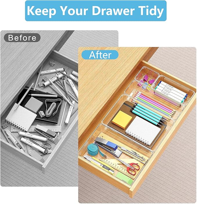 Clear Drawer Organizers Set of 44, 4-Size Vanity Organizer Trays, Stackable Bathroom & Desk Drawer Organizer for Makeup, Jewelry, Kitchen Utensils, Office Supplies and Small Gadgets Storage
