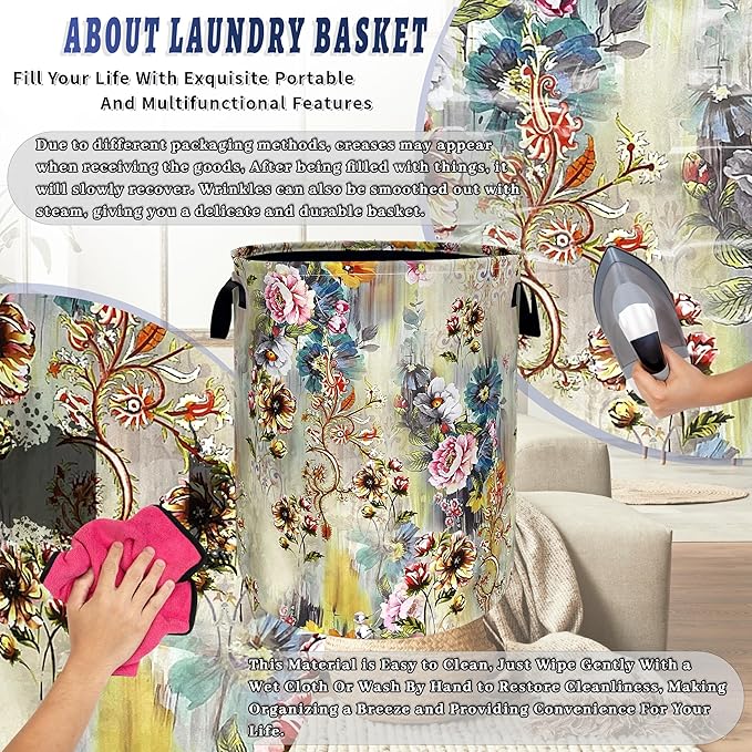 Beautiful Floral Laundry Basket Oxford Cloth Colorful Flowers Laundry Hamper With Handle Foldable Portable Clothes Storage Basket Funny Laundry Bag 18.9"x16.5" For Laundry Room/Bedroom/Bathrooms
