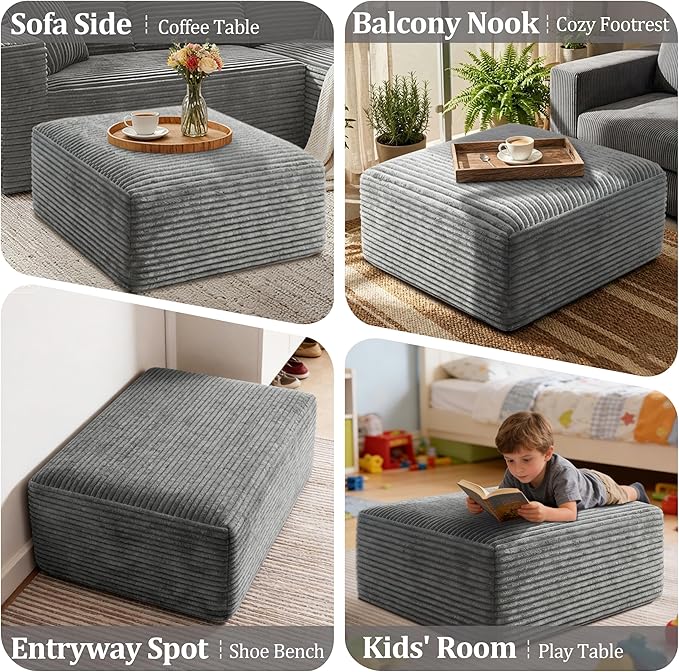 Corduroy Ottoman, Modern Boneless Cloud Foot Rest Foam Support, Oversized Modular Sectional Sofa Stool for Living Room, Bedroom & Small Spaces, No Assembly Required (Light Gray, Ottoman) | Foam Support, No Assembly Required, Living Room/Bedroom