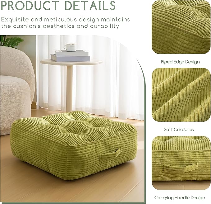 HIGOGOGO 8" Extra Thick Floor Pillow Cushion for Adults, Meditation Cushion Pillow, Large Square Floor Sitting, Tufted Corduroy Cover, for Tatami Living Room or Yoga, 22x22 Inch, Green