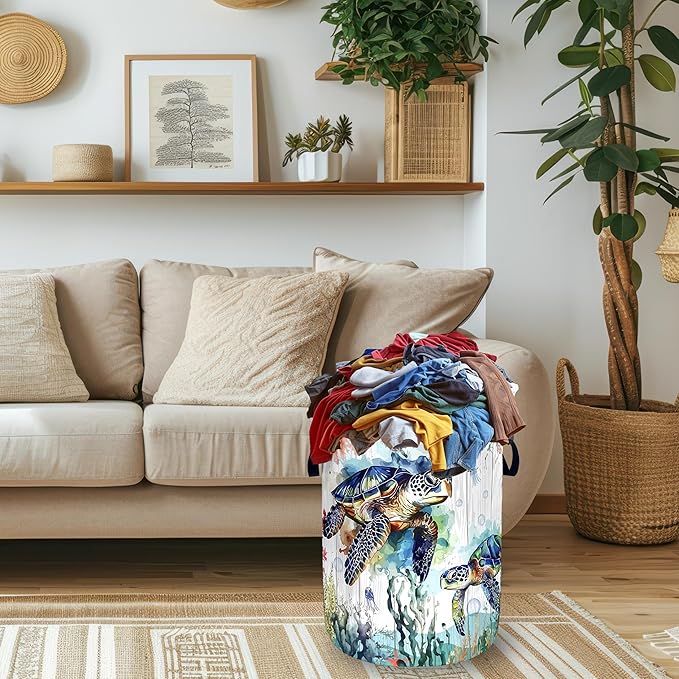 Funny Ocean Sea Turtle Laundry Basket Oxford Cloth Cute Turtles Laundry Hamper With Handle Foldable Portable Clothes Storage Basket Ocean Laundry Bag 18.9"x16.5" For Laundry Room/Bedroom/Bathrooms