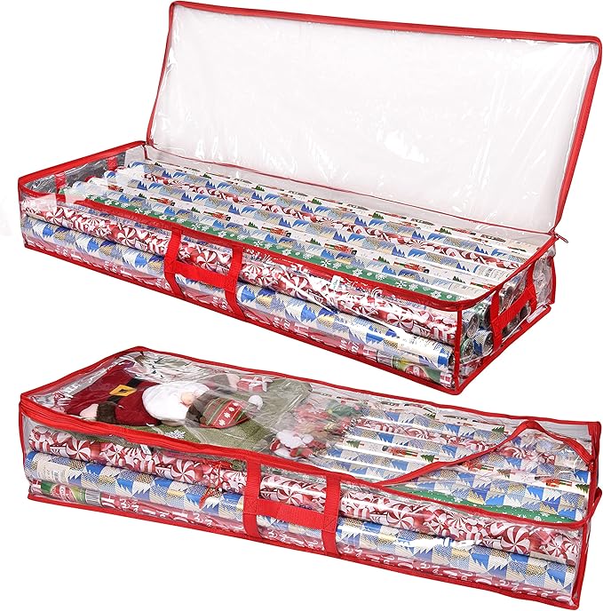 ProPik Wrapping Paper Storage Containers | Gift Wrap Organizer Under Bed | 41”x14”x6” | Box Holds 18-24 Rolls Up to 40” Long | Holder with Pockets for Ribbon, Bows and Accessories (2 Pack - Red)