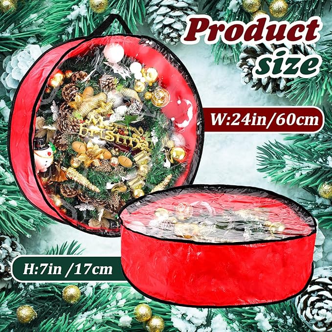 Dunzy 8 Pack Wreath Storage Container Bag 24x8 Inch Christmas Storage Container Heavy Duty Wreath Boxes with Clear Window for Xmas Holiday Ornament(Red)