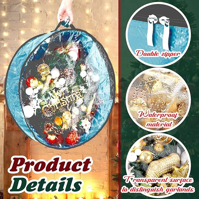 Dunzy 8 Pieces Wreath Container Christmas Wreath Storage Bag Garland Tear Resistant Fabric Round Boxes with Clear Window for Storage for Xmas Holiday Ornament(24×24×7.8 Inch,Blue)