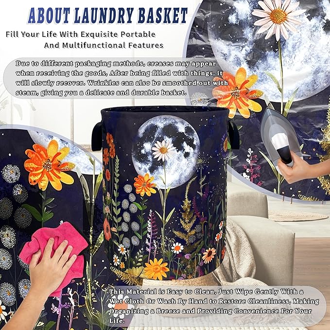 Moon Colorful Flowers Laundry Basket Oxford Cloth Beautiful Floral Laundry Hamper With Handle Foldable Portable Clothes Storage Basket Moon Laundry Bag 18.9"x16.5" For Laundry Room/Bedroom/Bathrooms