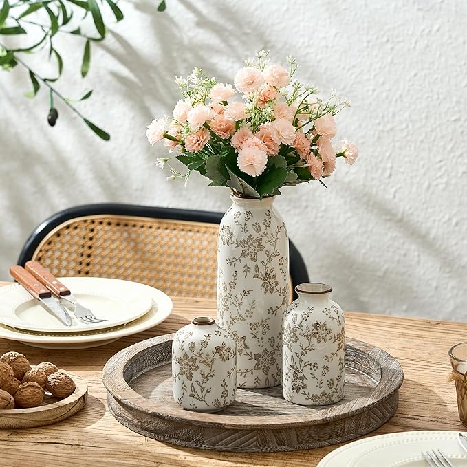 Ceramic Flower Decorative Antique Vase Set of 3, Vintage Rustic Chinoiserie Floral Vase for Home Decor, Living Room, Bookshelf, Office, Entryway, Garden, Chinoiserie Decor, Tuscan Decor