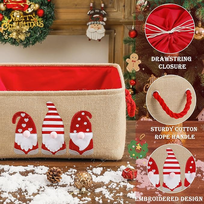 INough Christmas Baskets for Gifts Empty, Christmas Gnomes Basket, Large Gifts Bags for Holiday Ornaments Collapsible Storage Bins with Drawstring for Kidsroom