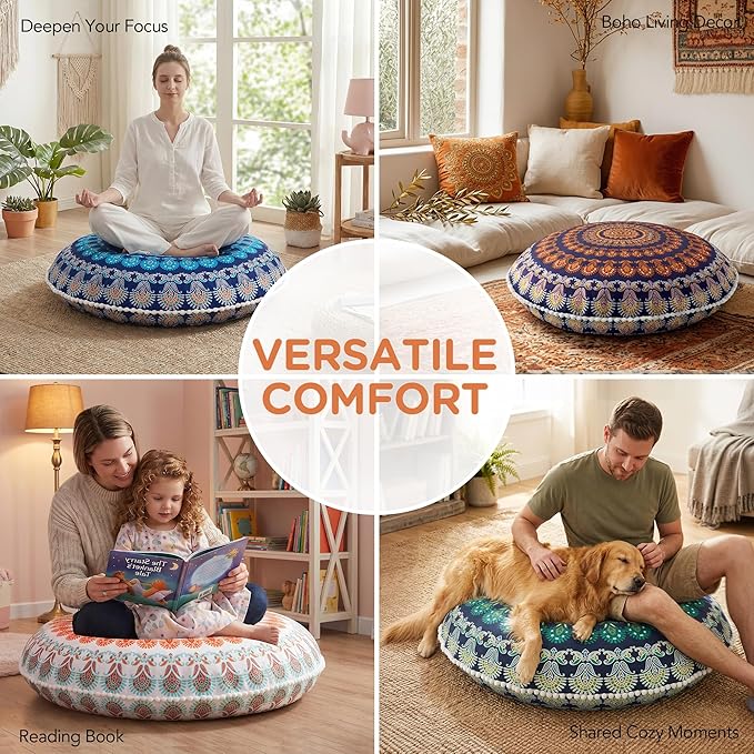 Codi Meditation Floor Pillows, Round Large Pillow Seating for Adults, Bohemian Mandala Circle Floor Cushion for Outdoor Fireplace Yoga Living Room, 32 Inch, Yellow Memory Foam Added