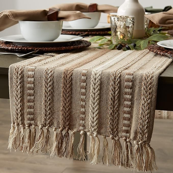 DII Farmhouse Braided Stripe Table Runner Collection, 15x72 (15x77, Fringe Included), Stone (Pack of 12)