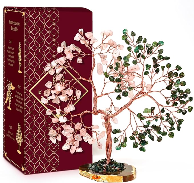 Handmade Healing Crystal Tree of Life Green Aventurine & Rose Quartz Chakra Tree for Money, Good Luck, Feng Shui Home Decor, Living Room Office Deocration, Unique Birthday Gifts for Women, Men, Mom