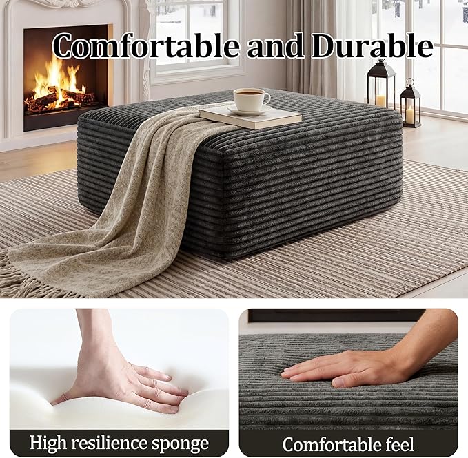 Corduroy Ottoman, Modern Boneless Cloud Foot Rest Foam Support, Oversized Modular Sectional Sofa Stool for Living Room, Bedroom & Small Spaces, No Assembly Required (Drak Gray, Ottoman) | Foam Support, Modular Sectional, No Assembly Required