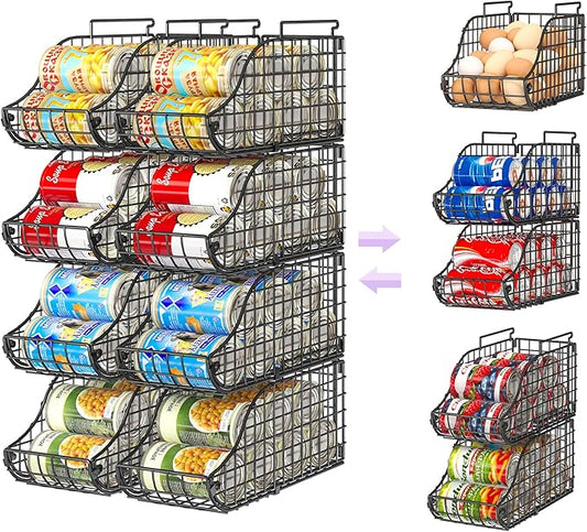 8-Pack Can Organizer for Pantry, Stackable Cabinet Food Shelves for Fridge, Wire Cupboard Storage, Holds up to 72 Beers,Small Metal Bin for Drink Beverage Egg Gillas, Rack for Kitchen Countertops RV