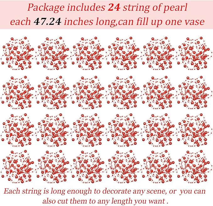 Tondiamo 24 Pcs Artificial Pearl String for Floating Candle Faux Pearls Beads String Garland Centerpiece Decoration for Vases Filler Wedding Spring Holiday Party Decor(Red)