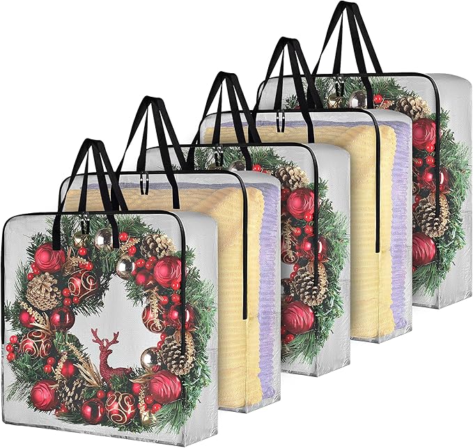 Handy Laundry 5-Pack Wreath Storage Bag, 25" Clear Wreath Storage Container with Zipper & Handles, Large Moving Bags for Holiday Decorations, Garlands, Packing, College Organization