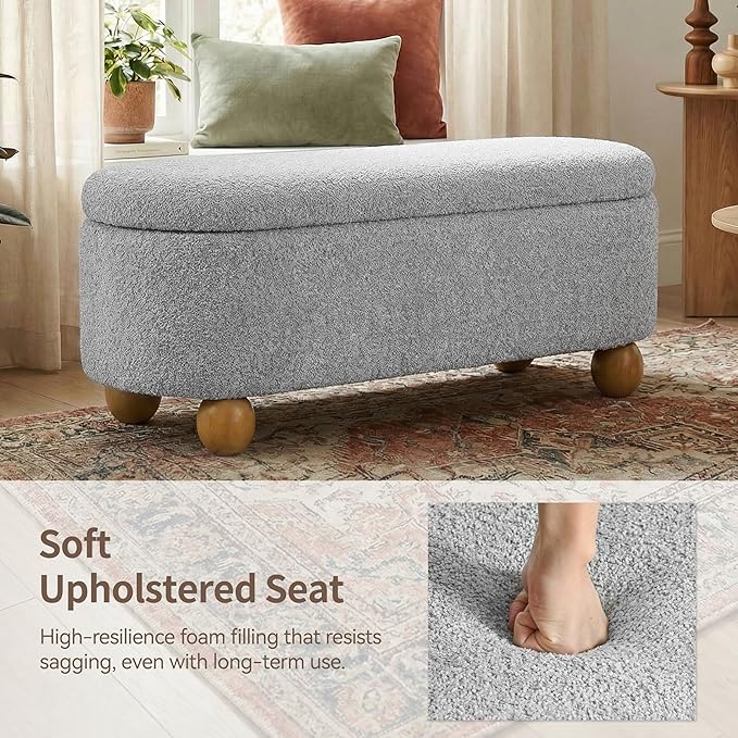 VKNOW 44.8" Storage Ottoman Bench End of Bed Bench, Thickened Upholstered Blanket Chest for Living Room, Entryway Bench with Cute Spherical Solid Wood Stool Legs for Bedroom, Grey