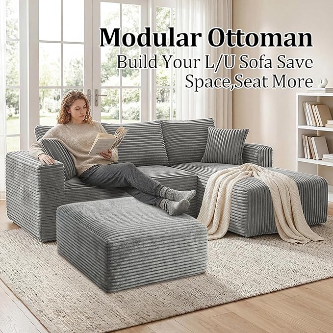 Corduroy Ottoman, Modern Boneless Cloud Foot Rest Foam Support, Oversized Modular Sectional Sofa Stool for Living Room, Bedroom & Small Spaces, No Assembly Required (Light Gray, Ottoman) | Foam Support, No Assembly Required, Living Room/Bedroom