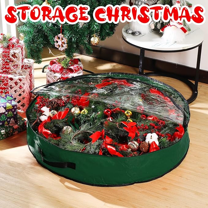 Aliceset 4 Pack Wreath Storage Containers, Ornament Garland Wreath Storage Bags with Handle Zipper Decorative Storages Box for Winter Valentine Wreaths(30 x 30 x 7.8 Inch,Green)