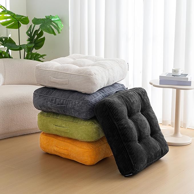 HIGOGOGO 6" Extra Thick Floor Pillow Cushion for Adults, Meditation Cushion Pillow, Large Square Floor Sitting, Tufted Corduroy Cover, for Tatami Living Room or Yoga, 22x22 Inch, Black