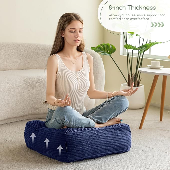 HIGOGOGO 8" Extra Thick Floor Pillow Cushion for Adults, Meditation Cushion Pillow, Large Square Floor Sitting, Tufted Corduroy Cover, for Tatami Living Room or Yoga, 22x22 Inch, Navy