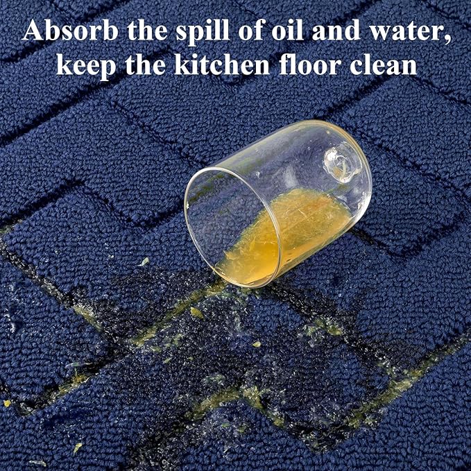 hicorfe Kitchen Rugs and Mats Sets,2 Pieces Super Absorbent Polypropylene Non-Slip Rug,Soft Comfort Floor Mat,Washable for Kitchen,Hallway,Office,Sink,Laundry(20" x 32"+20" x 48",Navy Blue)