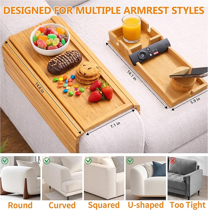Chair Arm Table-Sofa Cup Holder Armrest with Detachable 360° Rotating Phone Stand for Hands-Free Viewing, Made from Premium Natural Bamboo for Drinks, Phone and Remote
