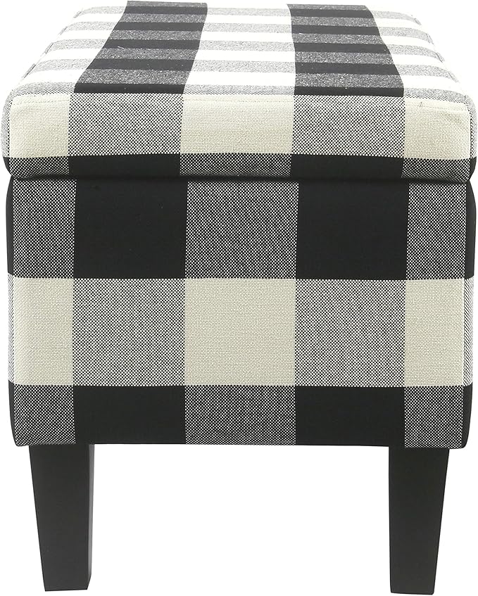 HomePop Large Upholstered Rectangular Storage Ottoman Bench with Hinged Lid, Black Buffalo Plaid