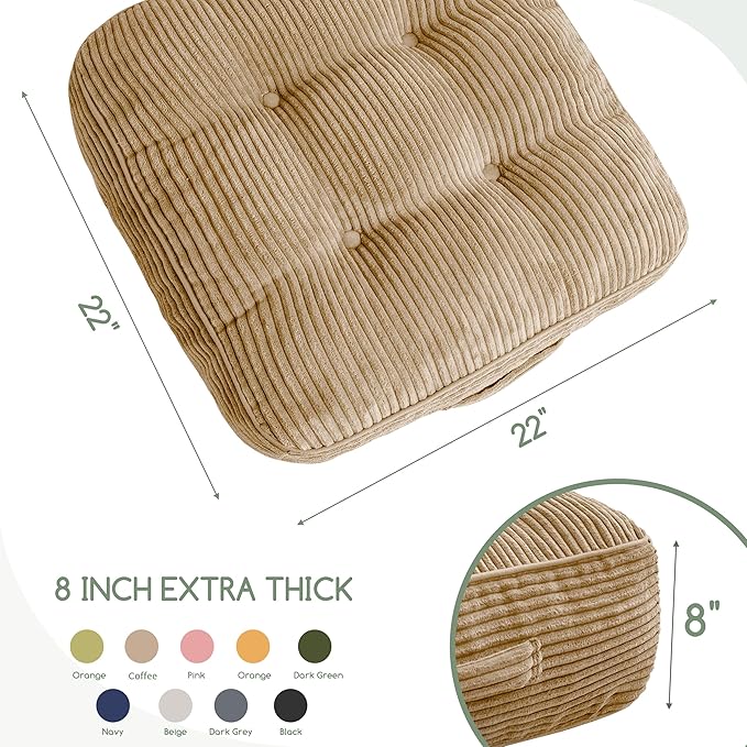 HIGOGOGO 8" Extra Thick Floor Pillow Cushion for Adults, Meditation Cushion Pillow, Large Square Floor Sitting, Tufted Corduroy Cover, for Tatami Living Room or Yoga, 22x22 Inch, 2Pack, Coffee