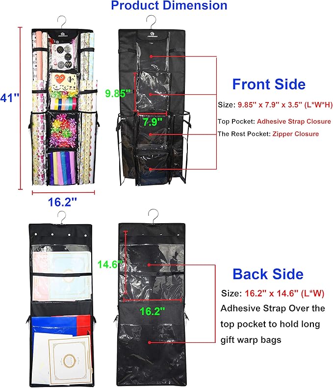 Freegrace Double-Sided Hanging Gift Wrap Organizer - Large 16 x 41 Inch Wrapping Paper Storage Bag - Tearproof 600D Oxford Closet Gift Bag & Ribbon Organization Storage Caddy, Beige (Black)