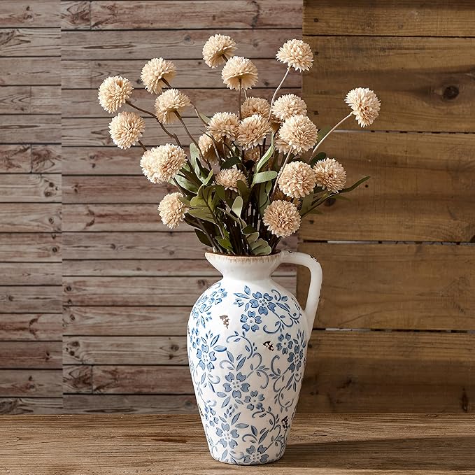 Blue-and-White Porcelain Antique Vase, 8.9 Inch Vintage Chinoiserie Floral Vase, Rustic Ceramic Vase for Home Decor, Living Room, Bookshelf, Office, Entryway, Garden, Chinoiserie Decor, Tuscan Decor